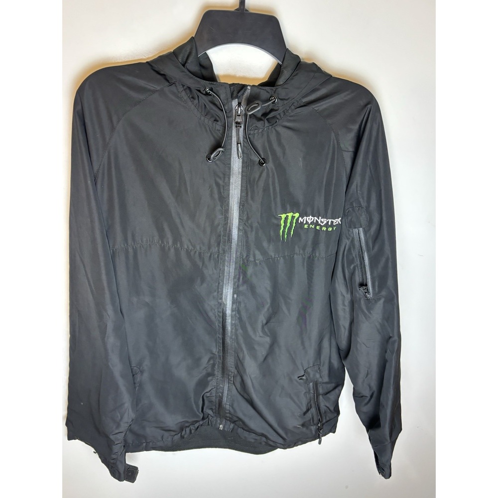 Monster Energy Jacket Mens Medium Black Hooded Windbreaker Full Zip FLAWS READ